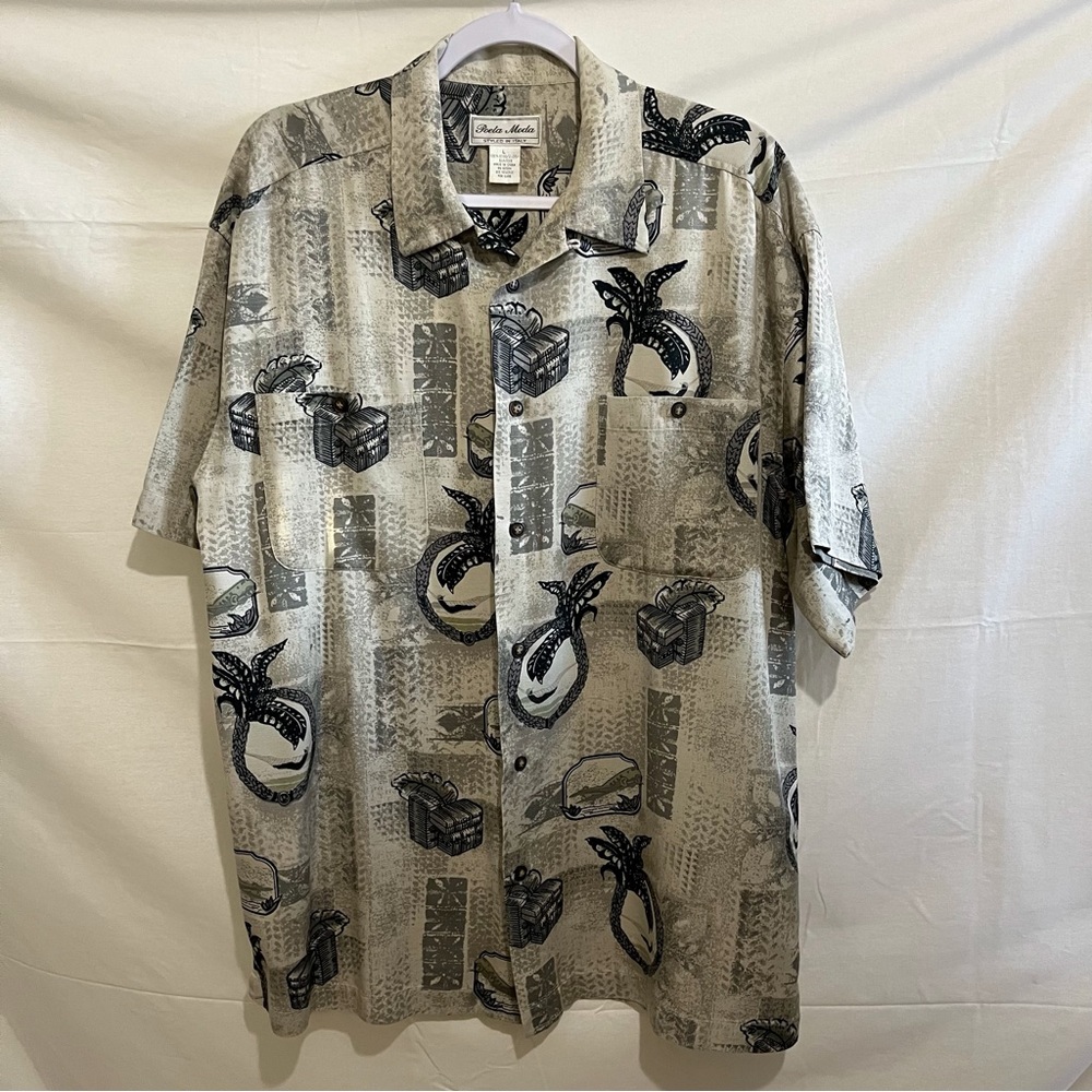 Poeta Moda Hawaiian Silk Short Sleeve Button Down Size Large Black,Gray,Cream